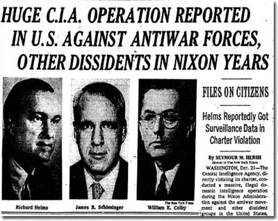 Huge C.I.A. Operation Reported in U.S. Against Antiwar Forces, Other Dissidents in Nixon Years: key Dec. 22, 1974 New York Times article [image of 12/22/74 New York Times front page, links to news article pdf]
